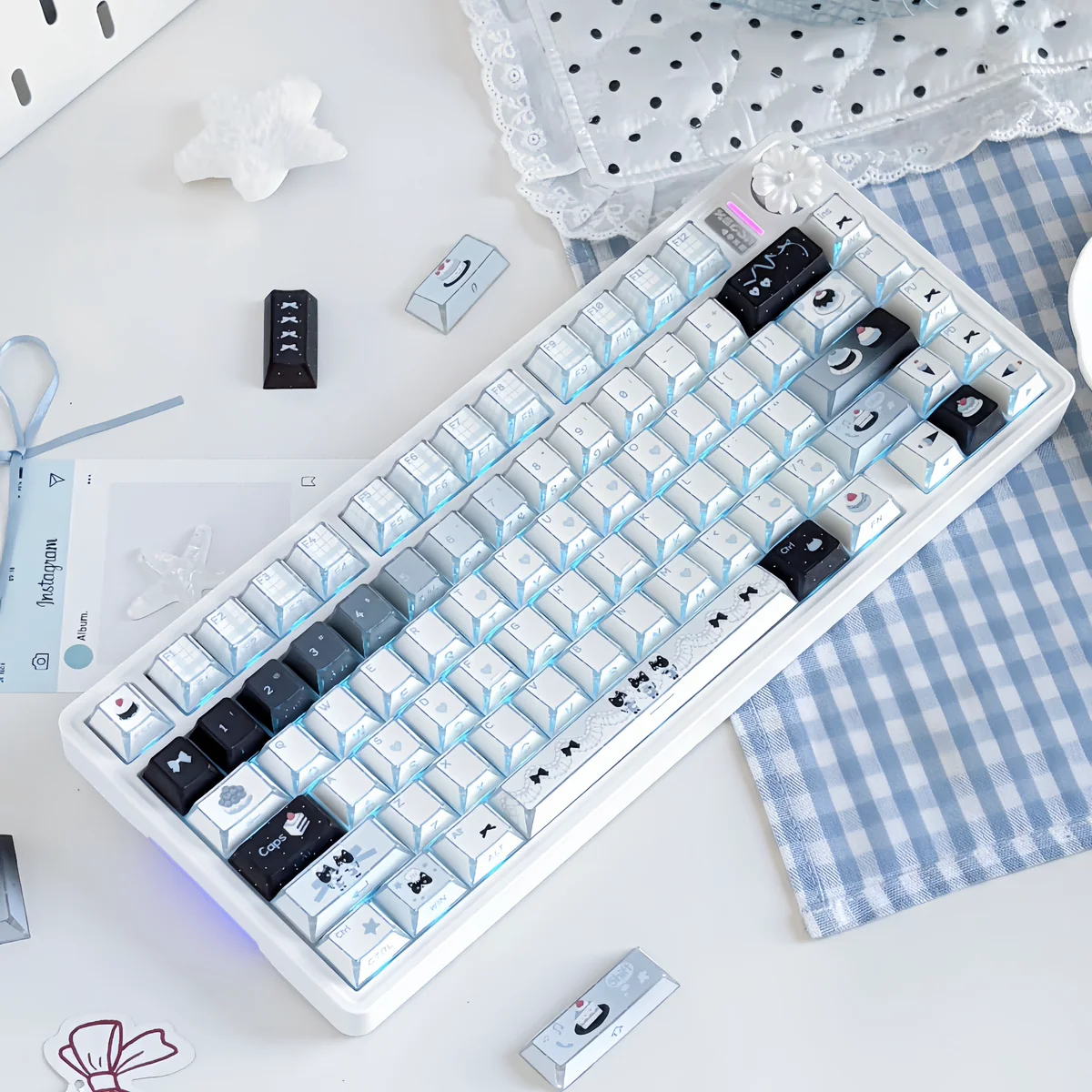 Whimsical Cat Baker PBT Dye-Sub keycaps from a unique angle, showcasing charming feline chefs, warm pastel kitchen scenes, and intricate baking details.