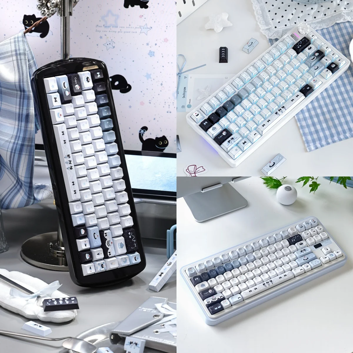 A playful Cat Baker Keycap Set featuring whimsical PBT dye-sub keycaps with charming feline bakers in pastel kitchen scenes.