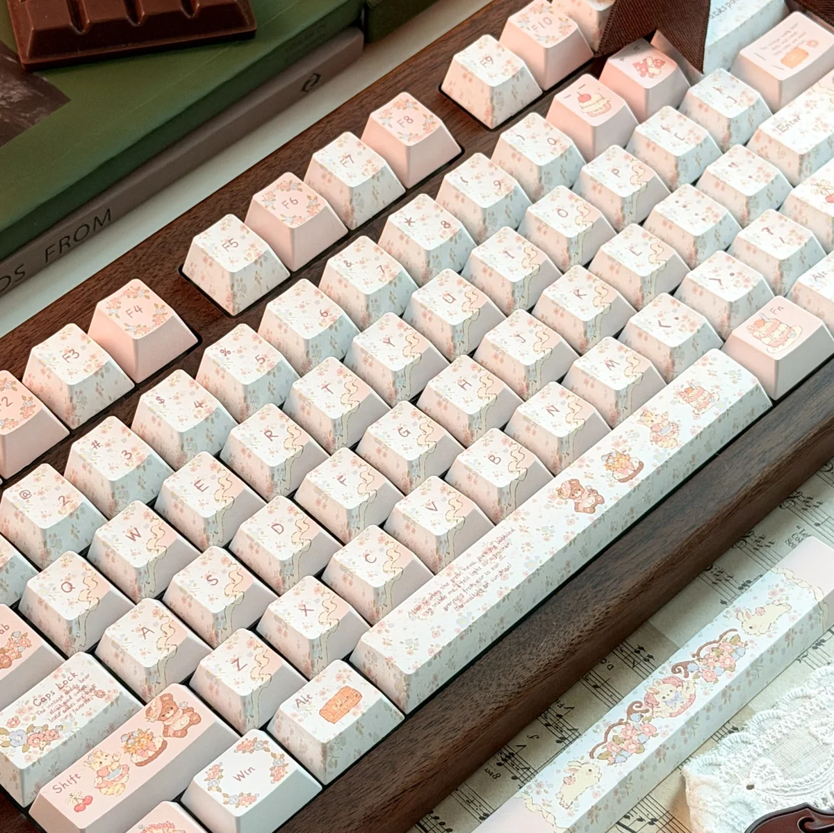 Detailed view of the Charming Cat & Spring Dye-sub PBT Keycap Set, showcasing whimsical cats amidst blossoming pastel flowers.