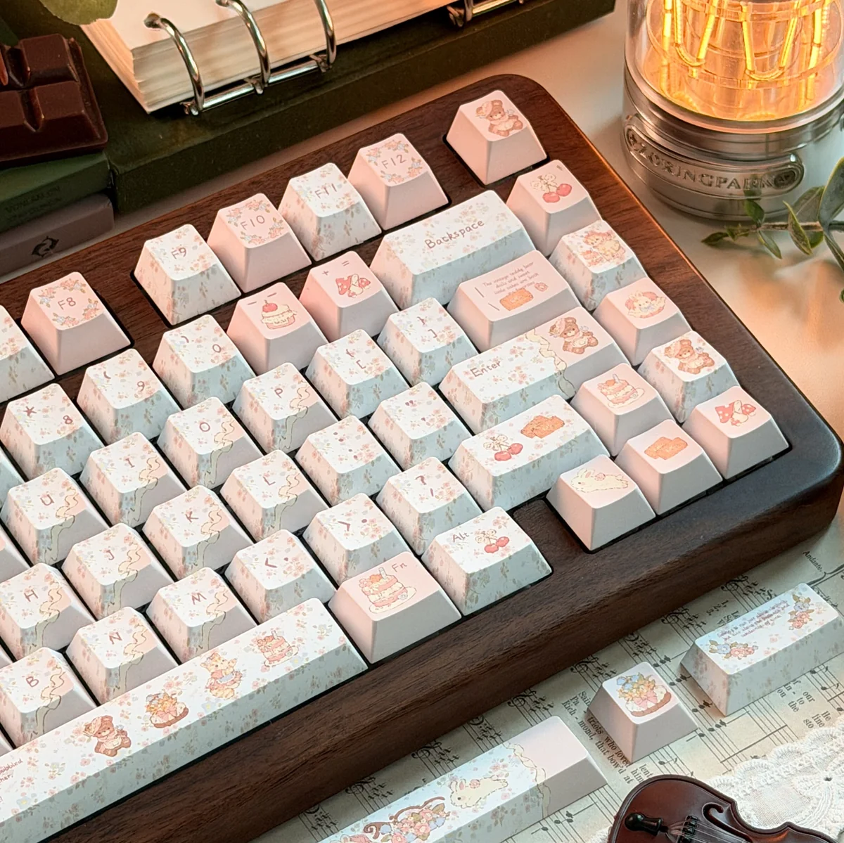 Close-up of the Charming Cat & Spring Dye-sub PBT Keycap Set, showcasing whimsical cats and pastel spring flowers on various keys from different angles.