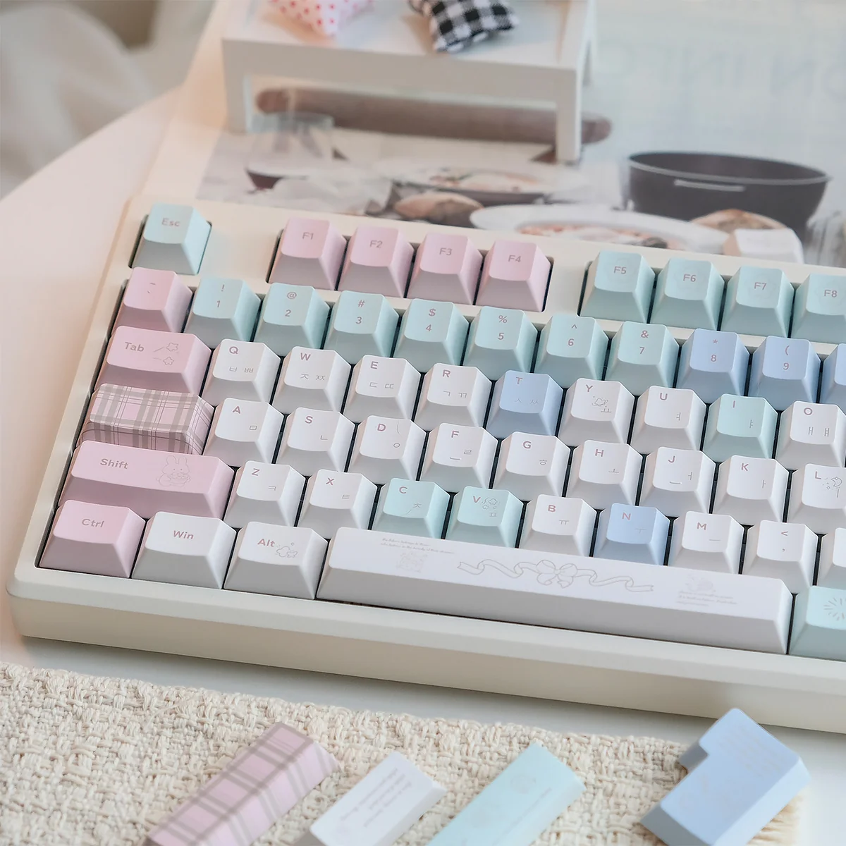Close-up of a whimsical Cheese Bunny Keycap, revealing its charming cartoon rabbit and cheese design in durable PBT+PC with a playful MOA profile.