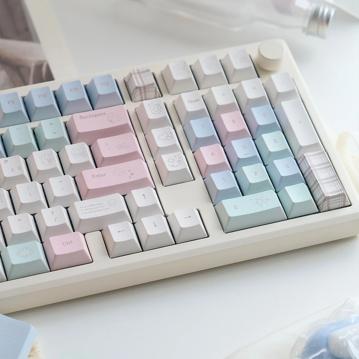 Close-up of whimsical Cheese Bunny Keycaps showing their durable PBT+PC MOA profile and vibrant pastel cartoon designs from multiple angles.