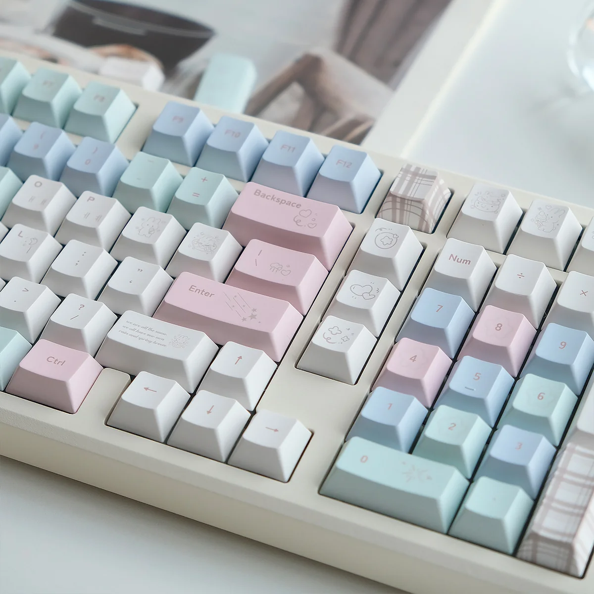 Charming Cheese Bunny PBT+PC MOA profile keycaps close-up, revealing playful pastel pink rabbit and vibrant yellow cheese designs on a keyboard.