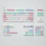 Multiple angles of the charming Cheese Bunny Keycaps, highlighting the playful cartoon design with vibrant pastel rabbits and cheese on durable PBT+PC material.