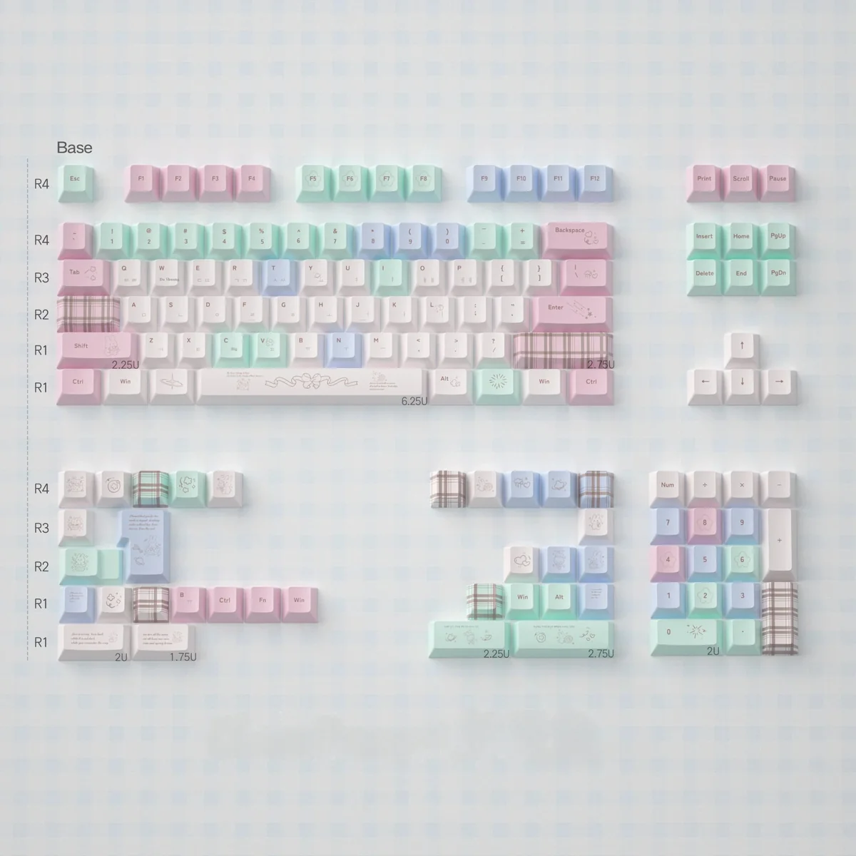 Multiple angles of the charming Cheese Bunny Keycaps, highlighting the playful cartoon design with vibrant pastel rabbits and cheese on durable PBT+PC material.