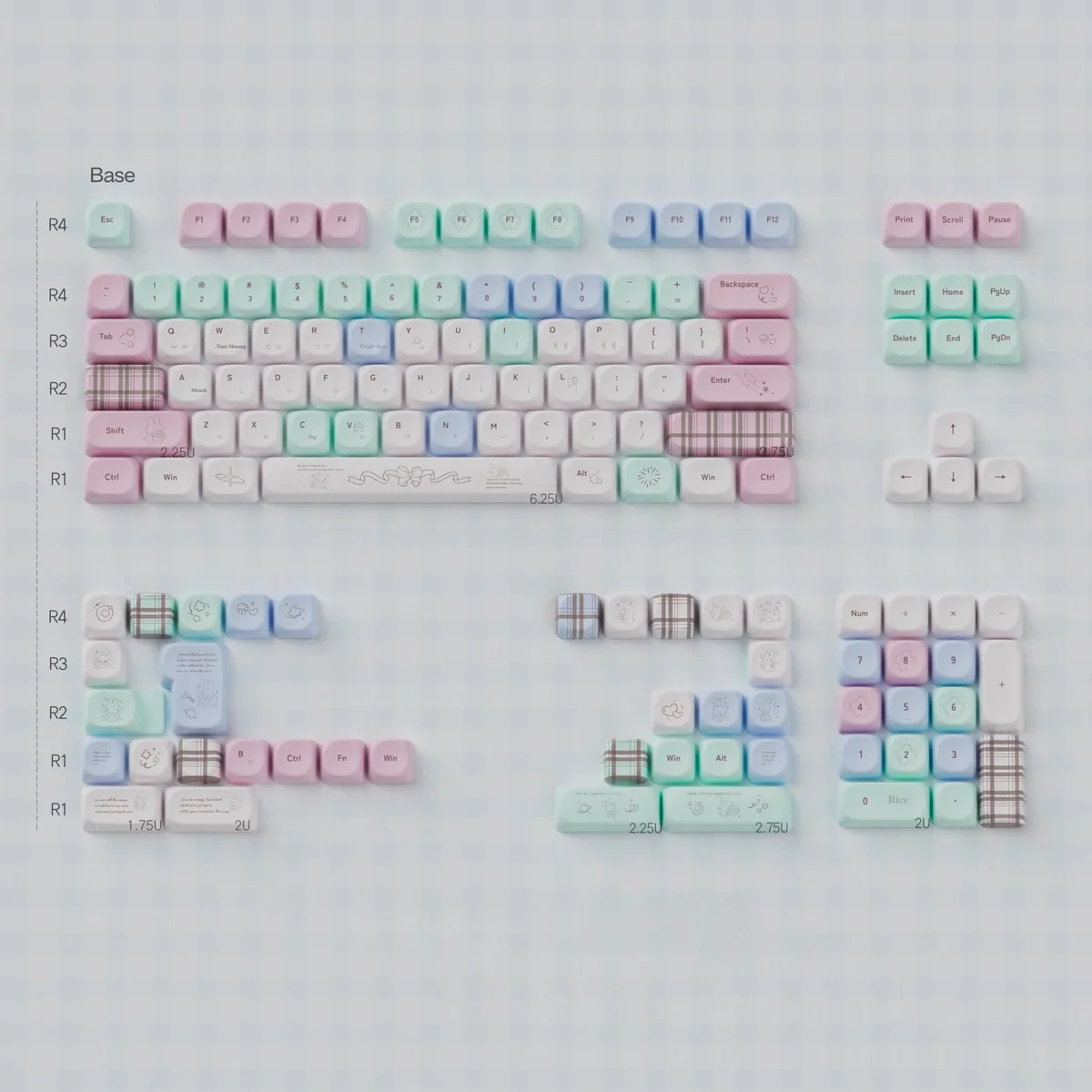 Whimsical Cheese Bunny PBT keycaps in an MOA profile, showcasing playful cartoon rabbits and cheese on durable pastel PBT plastic.