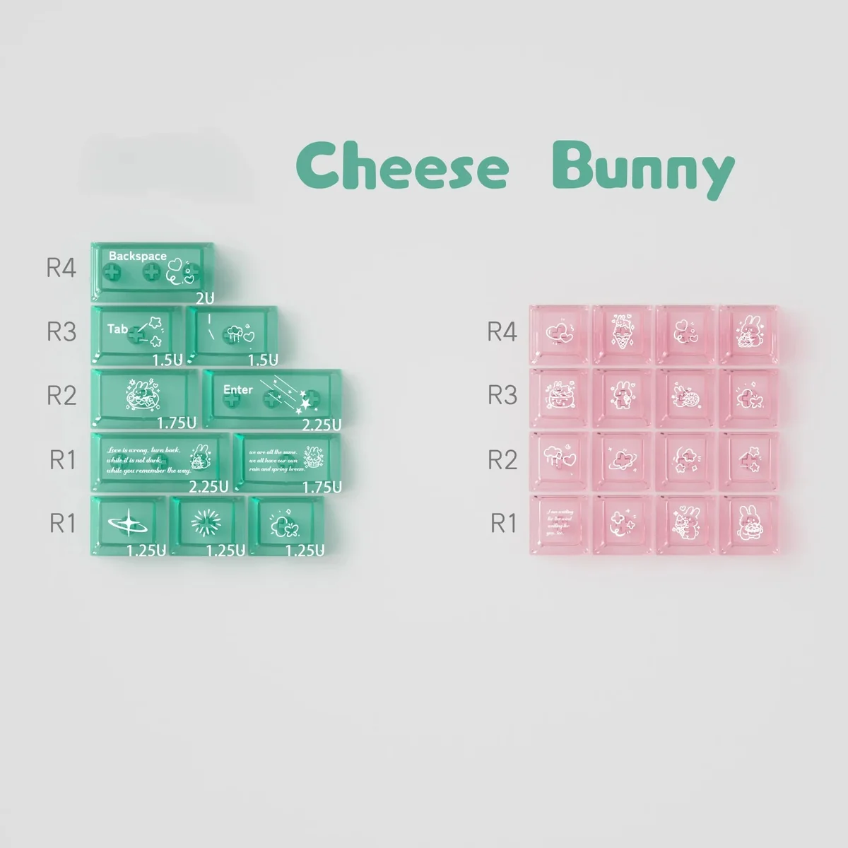 Whimsical Cheese Bunny PBT+PC MOA profile keycaps, featuring charming cartoon rabbits and cheese, in vibrant pastel colors for a playful keyboard.