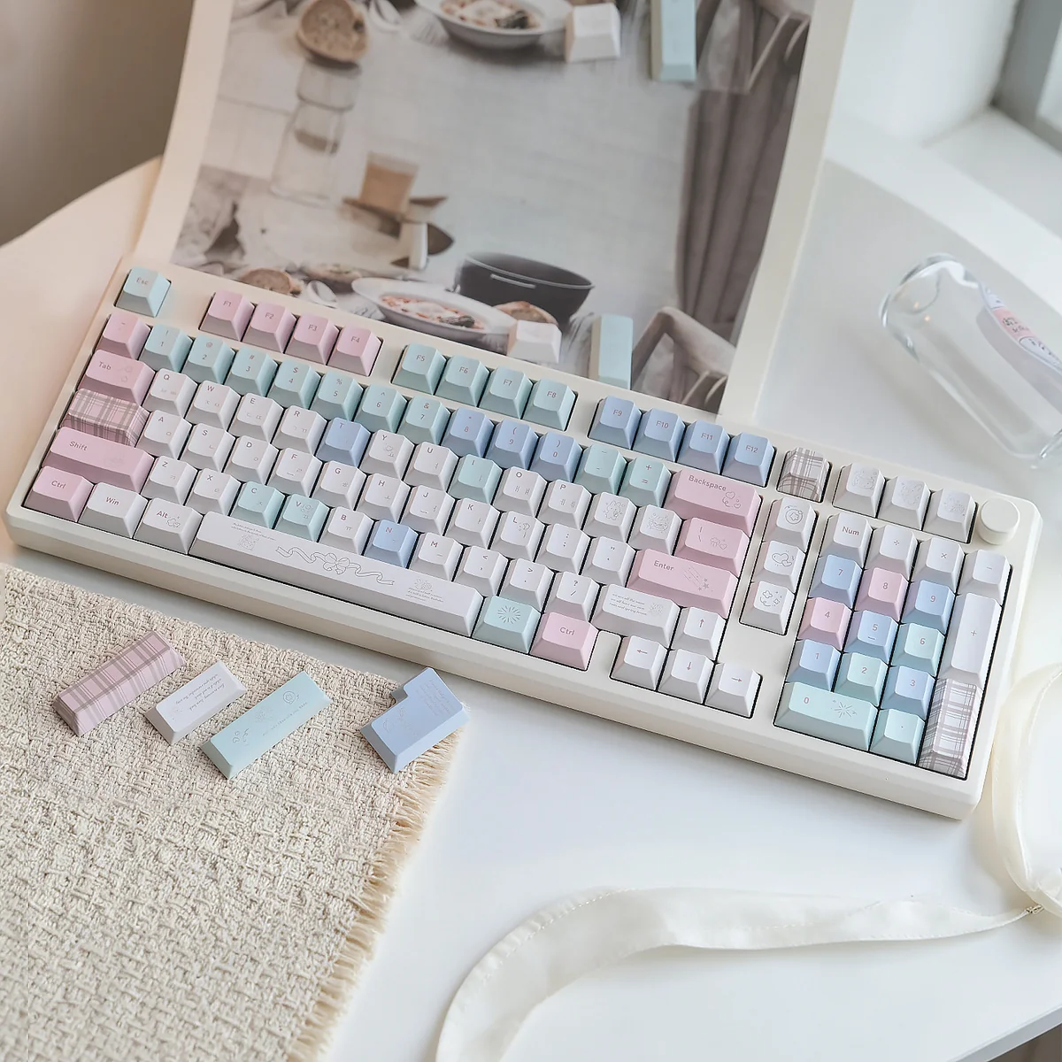 Charming Cheese Bunny Keycaps set, showcasing playful cartoon rabbits and cheese on durable PBT+PC, with a whimsical MOA profile.