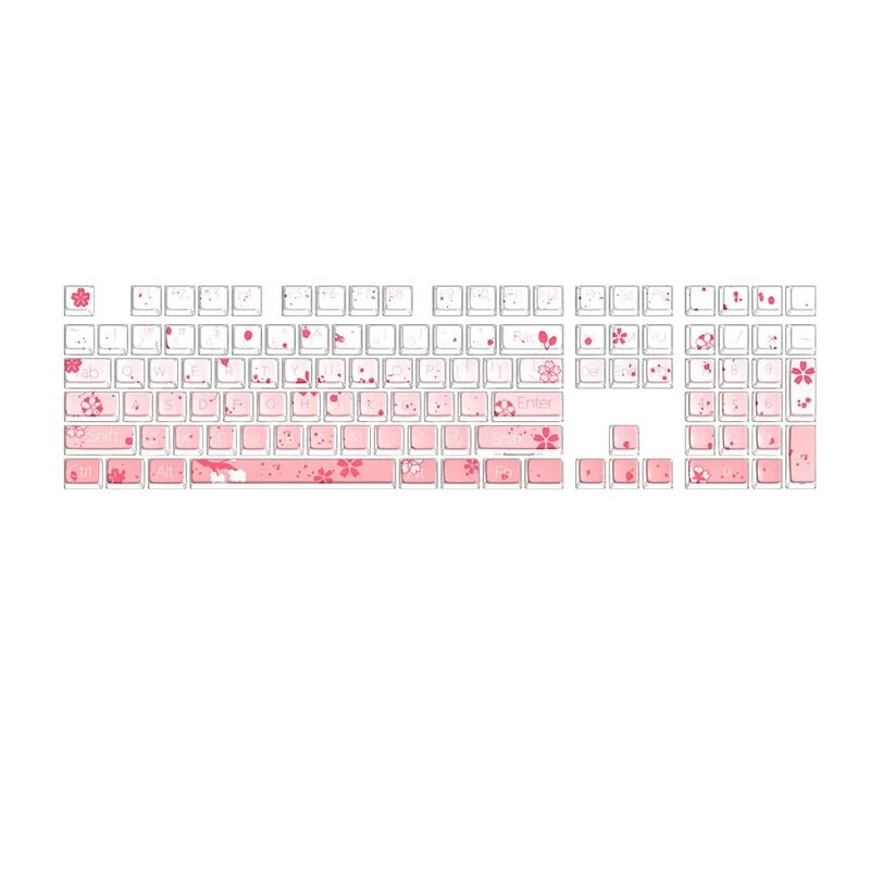 Ethereal luminous gradient pink cherry blossom PBT keycaps set, showcasing translucent crystal-like backlighting for a serene spring aesthetic.
