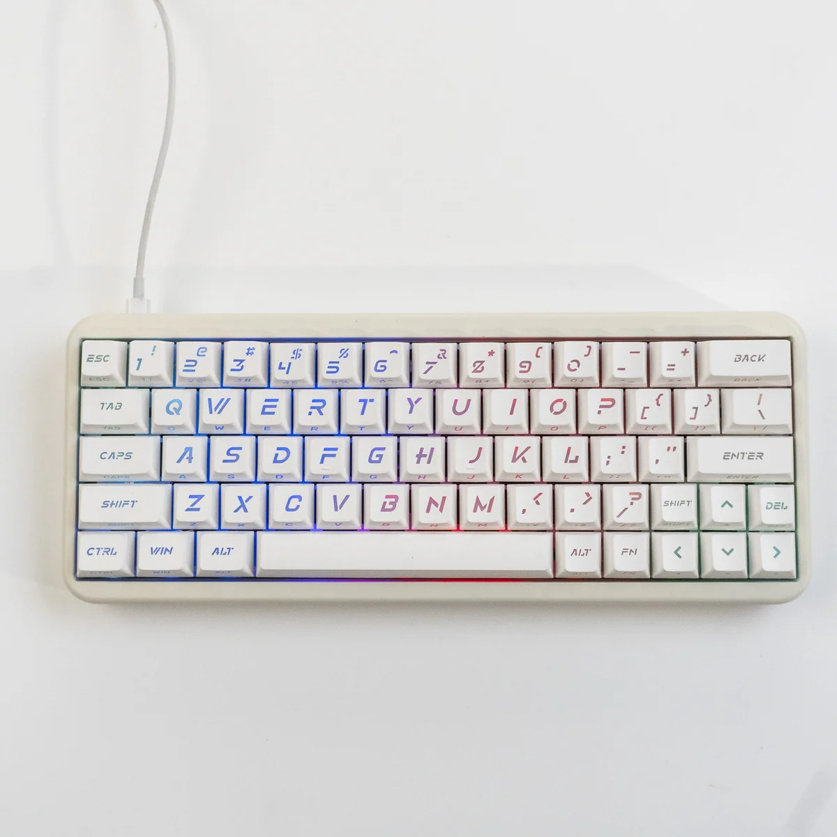 Frost Cold & Dark Night Cherry keycap set, featuring double shot construction and large backlit legends. Multiple angles highlight its cool-toned dark aesthetics.