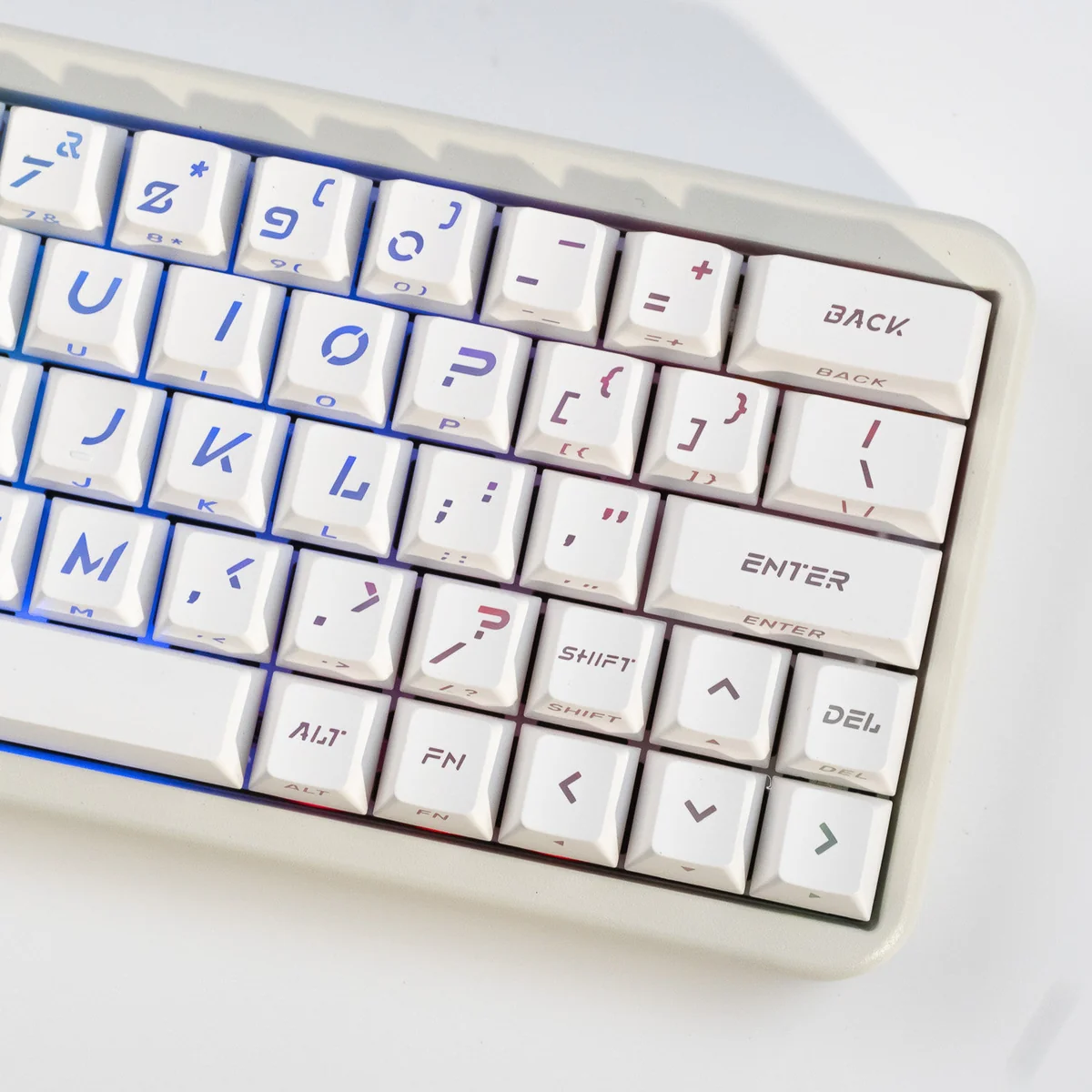 Frost Cold & Dark Night Cherry keycap set, displaying large, luminous legends and sleek dark aesthetic from various angles.