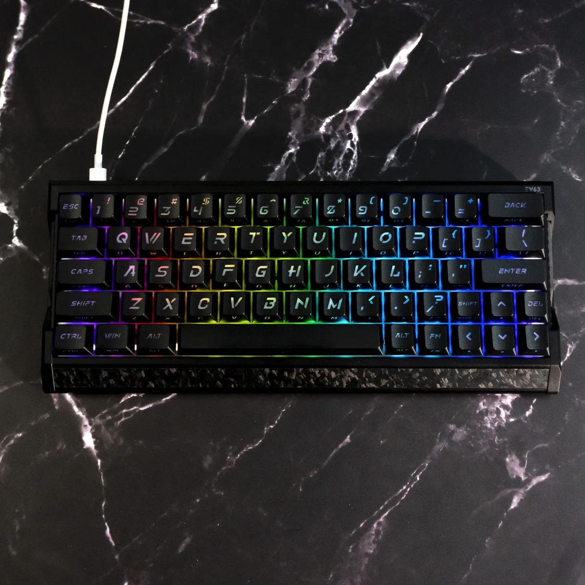 Frost Cold & Dark Night Cherry backlit keycap set from multiple views, showcasing sleek dark aesthetic and large, illuminated legends.