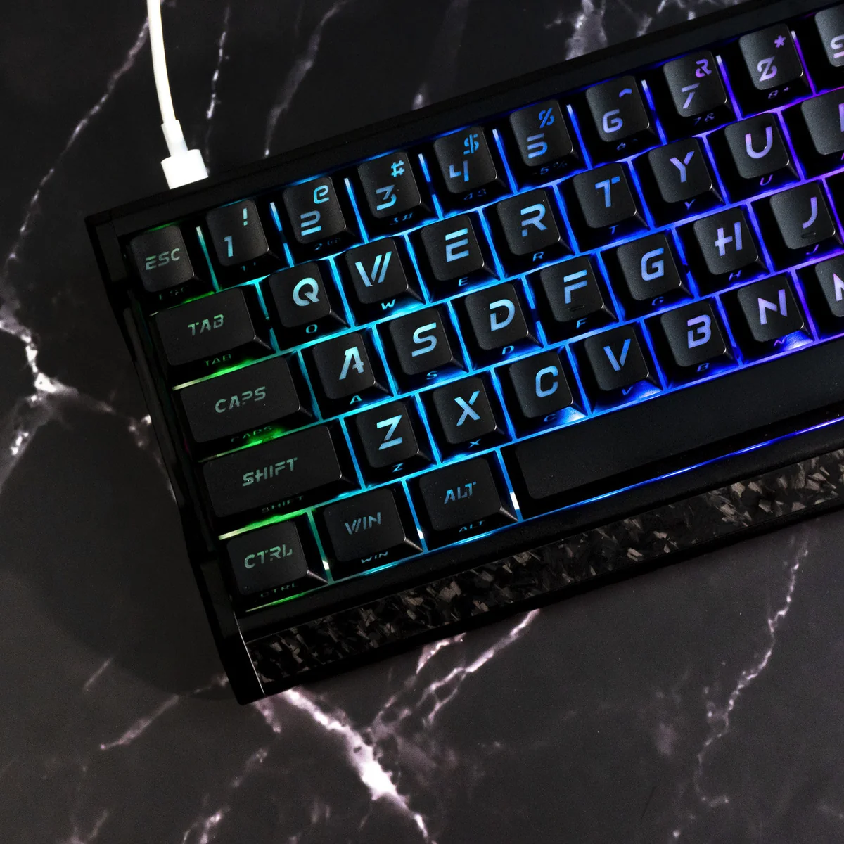 Frost Cold & Dark Night Cherry keycap set, viewed from a striking angle, highlighting large illuminated legends and sleek dark aesthetic.
