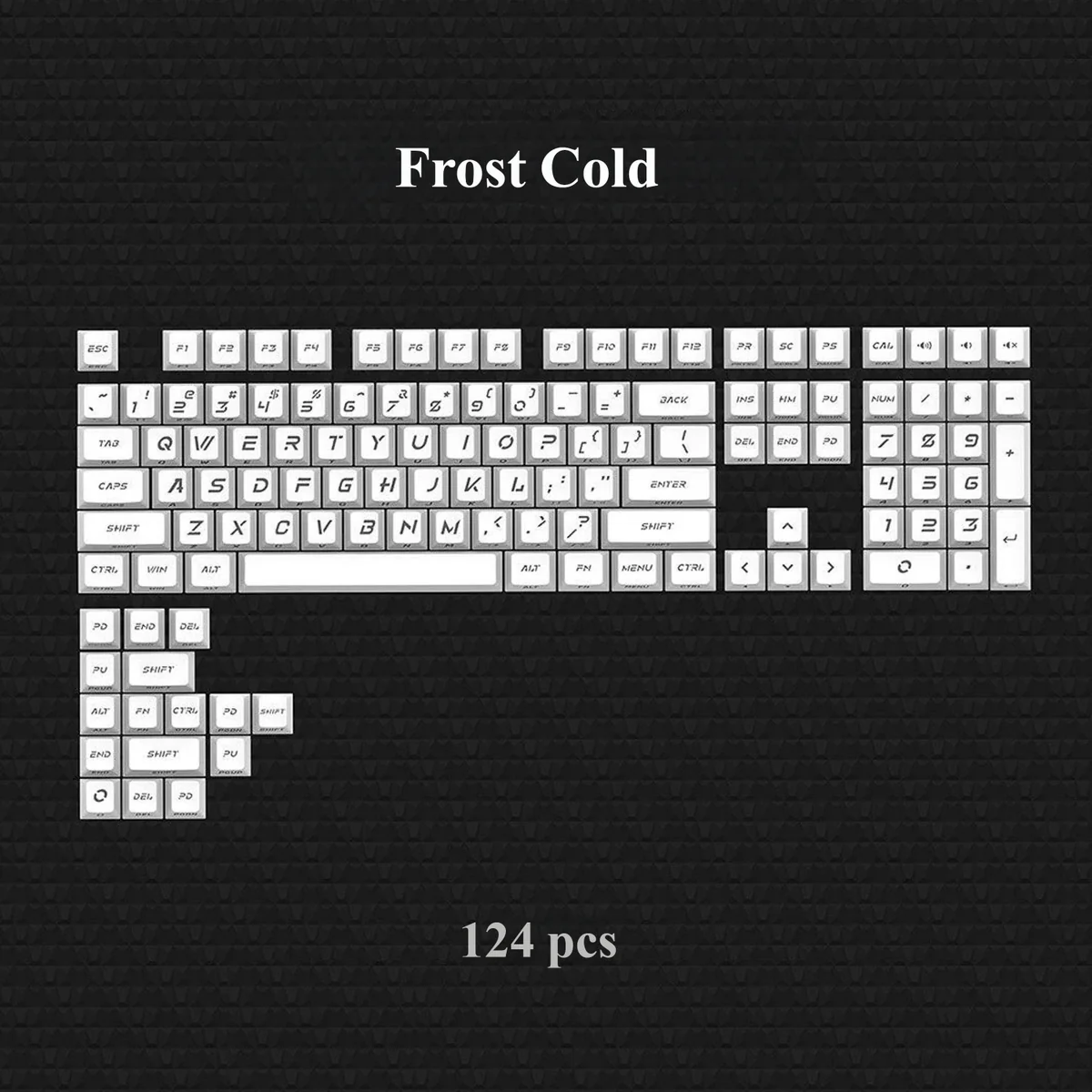 Close-up of a Frost Cold & Dark Night Cherry keycap set variant, showcasing large, frosty backlit legends on a sleek, dark keycap.