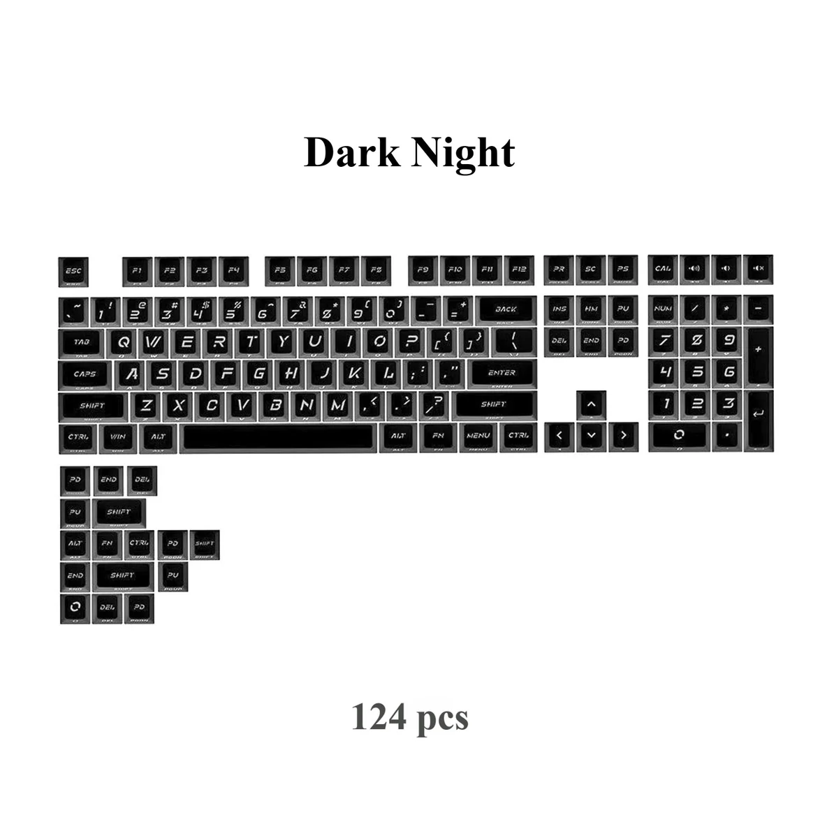 Frost Cold & Dark Night Cherry keycap set featuring large, illuminated legends for superior clarity and a sleek, premium aesthetic.