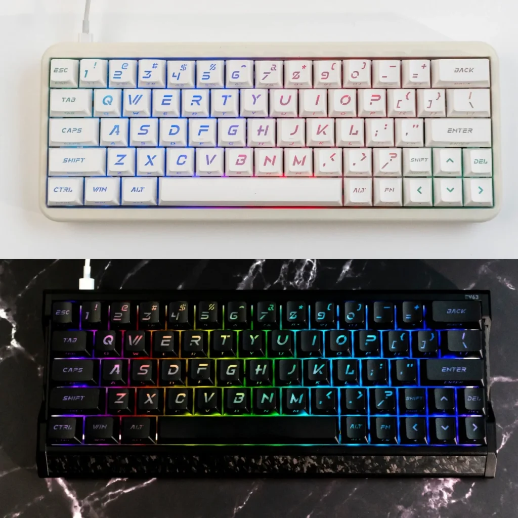 Premium Frost Cold & Dark Night Cherry keycap set with large, bold backlit legends, offering sleek dark aesthetics and superior clarity.