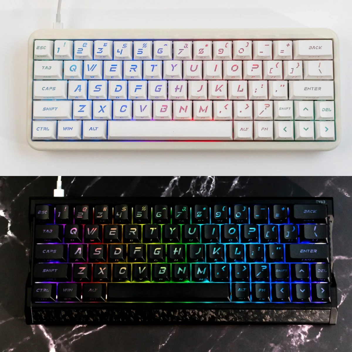 Premium Frost Cold & Dark Night Cherry keycap set with large, bold backlit legends, offering sleek dark aesthetics and superior clarity.