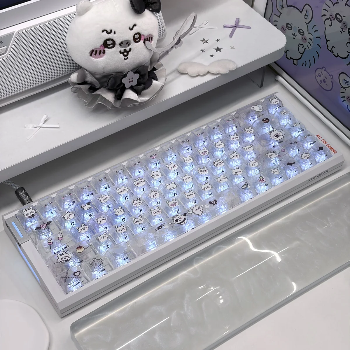 Playful Chiikawa Joke Bear PC Cherry Keycaps Set, showing charming translucent PC, cute character art, and Cherry profile from multiple angles.