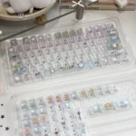 Playful Chiikawa Joke Bear PC Cherry Keycaps Set, highlighting its translucent design, cute character art, and Cherry profile from a unique angle.