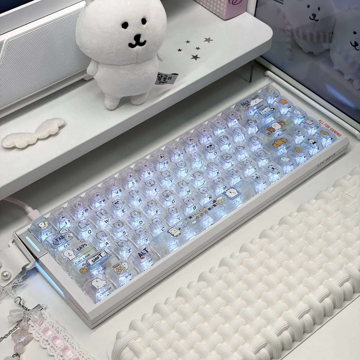 Playful Chiikawa Keycaps Set featuring a charming joke bear design with translucent PC and Cherry profile, glowing subtly.
