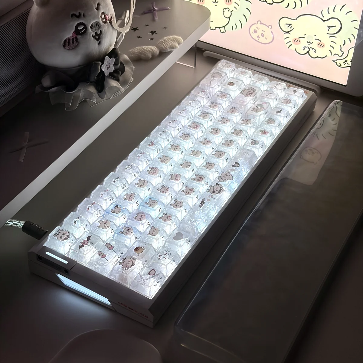 Playful Chiikawa Momonga Carbon PC Keycap Set, showing vibrant semi-transparent details and unique textures from different angles.