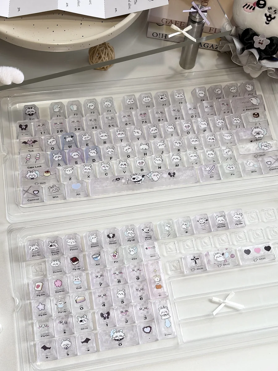 Close-up of a whimsical Chiikawa Momonga Carbon PC keycap set, highlighting the semi-transparent PC material and playful character details.