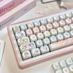 Exclusive Chiikawa MOA keycaps from the Jade-like Whimsy Set, displayed from multiple angles to highlight their refined, translucent finish and whimsical characters.
