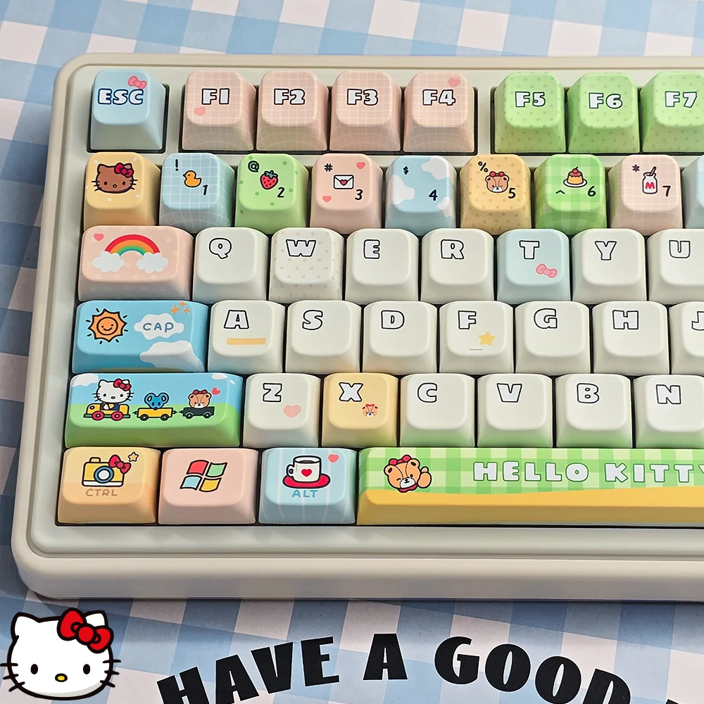 Close-up of the playful Hello Kitty PBT Dye-Sub keycaps set, showcasing multiple angles of the iconic characters and vibrant colors in MDA profile.