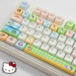 Vibrant Hello Kitty PBT dye-sub keycaps in MDA profile, displayed from multiple playful angles, showcasing iconic characters and charming cartoon aesthetic.