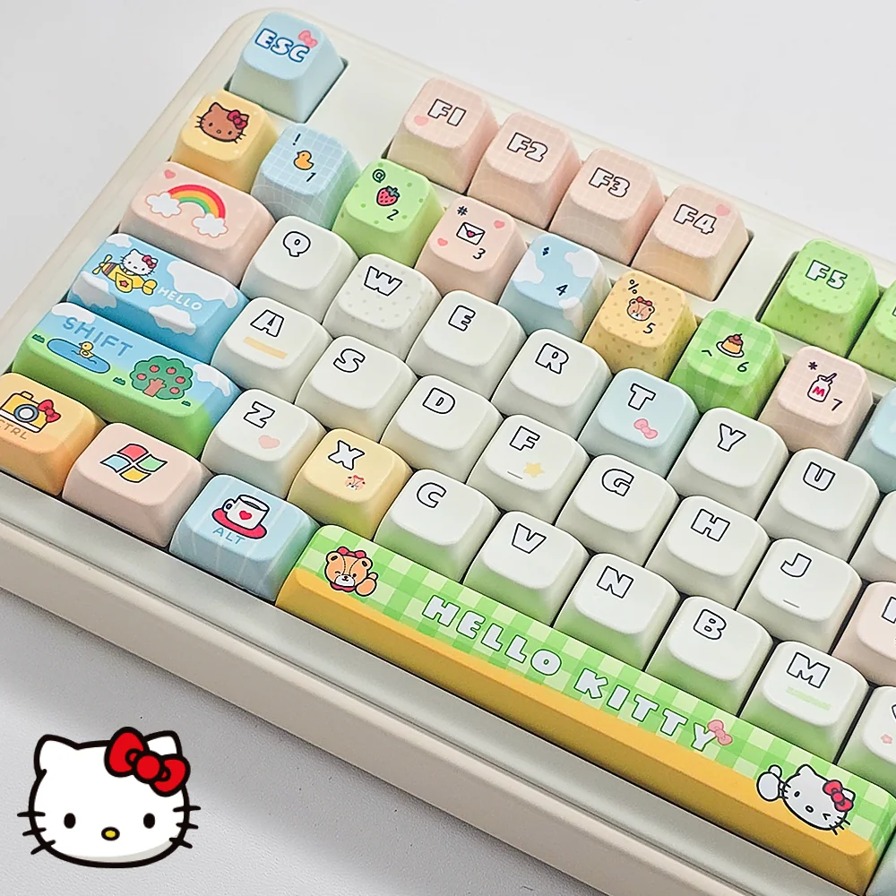 Vibrant Hello Kitty PBT dye-sub keycaps in MDA profile, displayed from multiple playful angles, showcasing iconic characters and charming cartoon aesthetic.