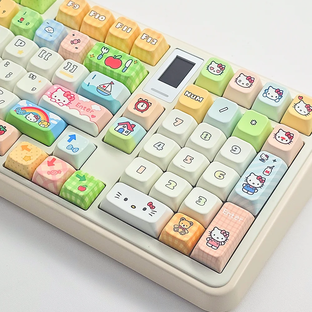 Close-up of the playful Hello Kitty PBT Dye-Sub keycaps set, showcasing vibrant character designs and the smooth MDA profile from a detailed angle.