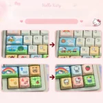 Multiple angles of the charming Hello Kitty PBT Dye-Sub Keycaps Set in MDA profile, showcasing the iconic characters and playful, vibrant design.