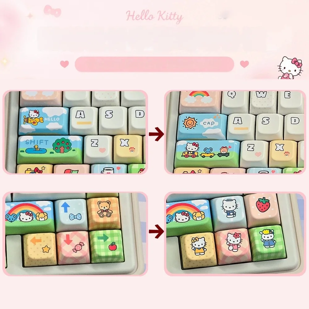 Multiple angles of the charming Hello Kitty PBT Dye-Sub Keycaps Set in MDA profile, showcasing the iconic characters and playful, vibrant design.