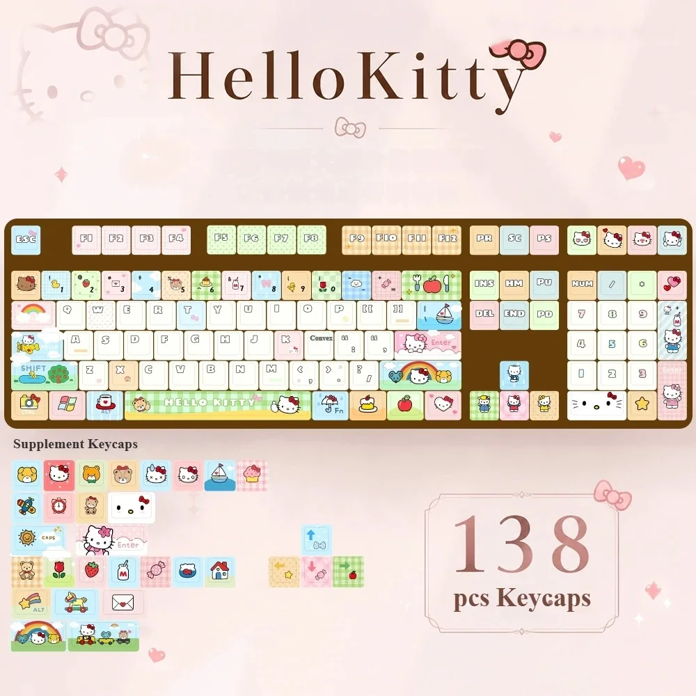 Playful Hello Kitty PBT Dye-Sub Keycaps Set with vibrant colors, showcasing iconic characters in MDA profile. Perfect for adding charm.