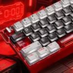 A dynamic close-up of the Crimson Typhoon Cherry Keycap Set, highlighting the nuclear glow and precise side-transparent legends on the PBT material.