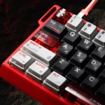 Various views of Crimson Typhoon Cherry Keycap Set, highlighting nuclear glow, side-transparent legends, and mecha-inspired industrial design.