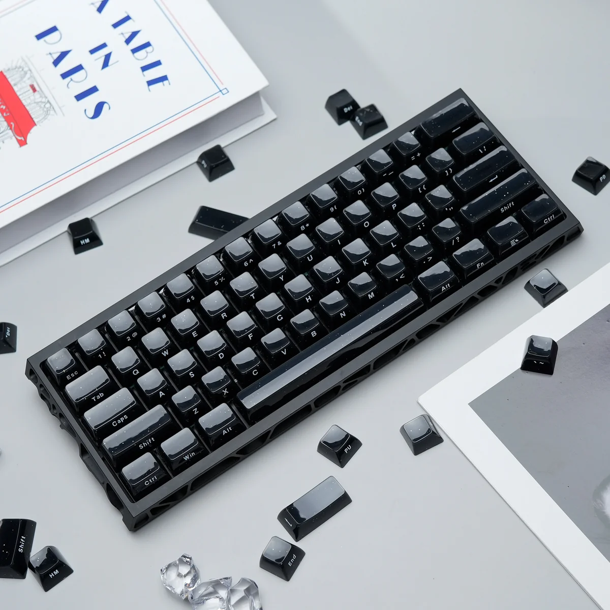 Premium Celestial Crystal Jelly Starry Keycap Set showcasing its elegant ASA profile. Deep black, crystal-clear, jelly-like finish.