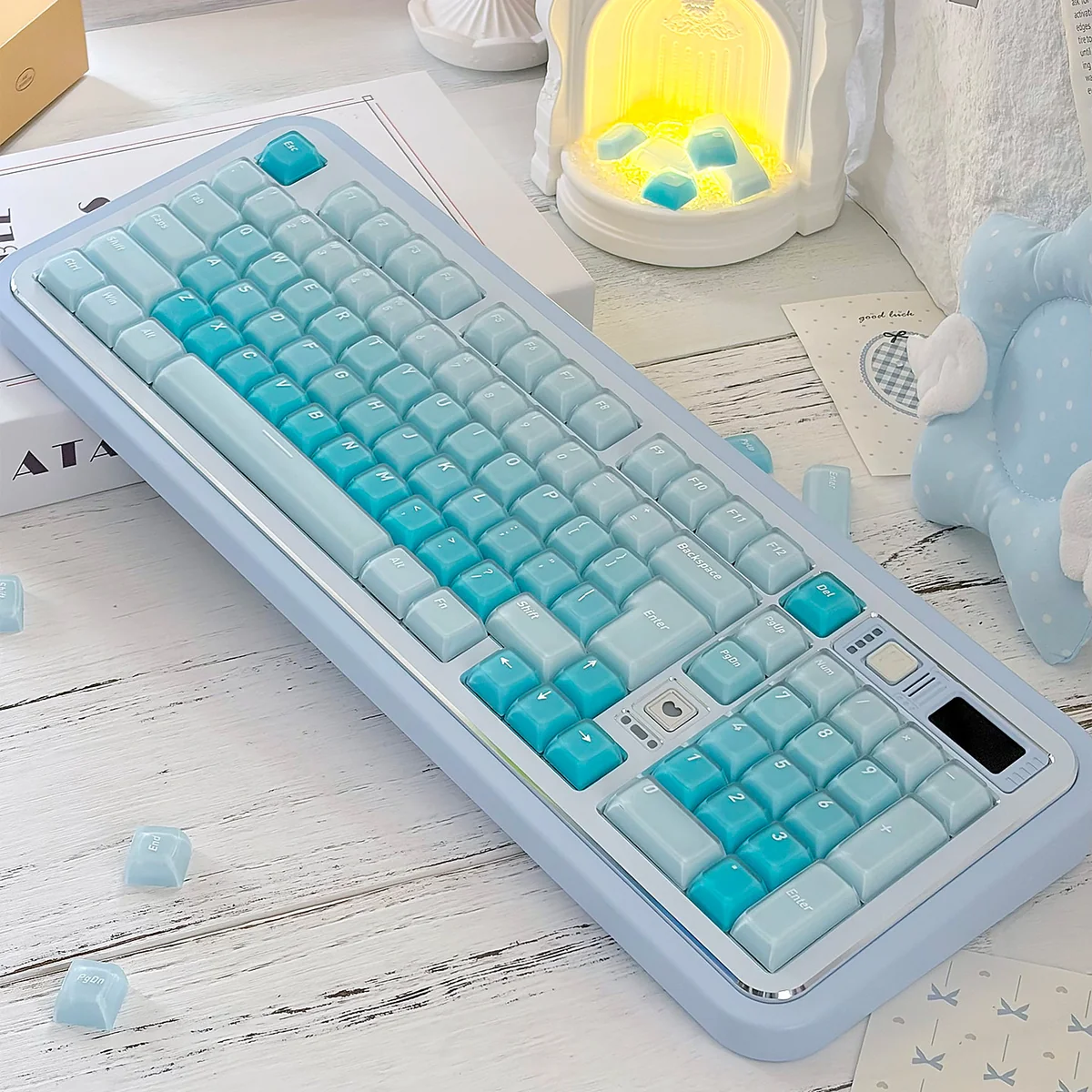 Vibrant, translucent CSA Jelly Pudding keycaps in an ergonomic CSA profile, shown from an exciting angle, emphasizing their playful, food-inspired design.