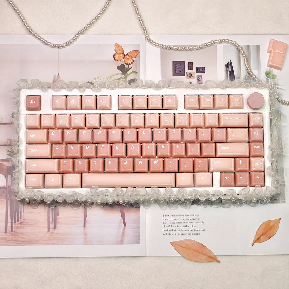 Liquid Foundation CSA keycaps set, featuring soft pastel cosmetic & dessert themes. Ergonomic CSA spherical design.