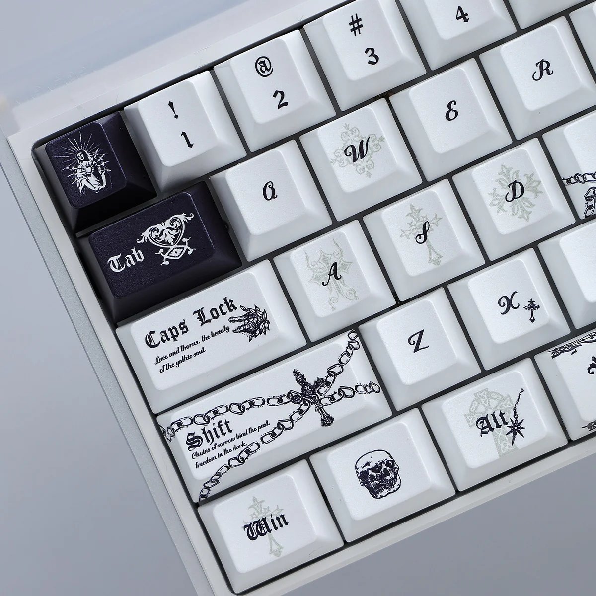 Dead Covenant PBT Keycap Set showcasing its ethereal pearlescent PBT and unique 'Covenant of the Dead' design from various angles, capturing its dark, mysterious touch.