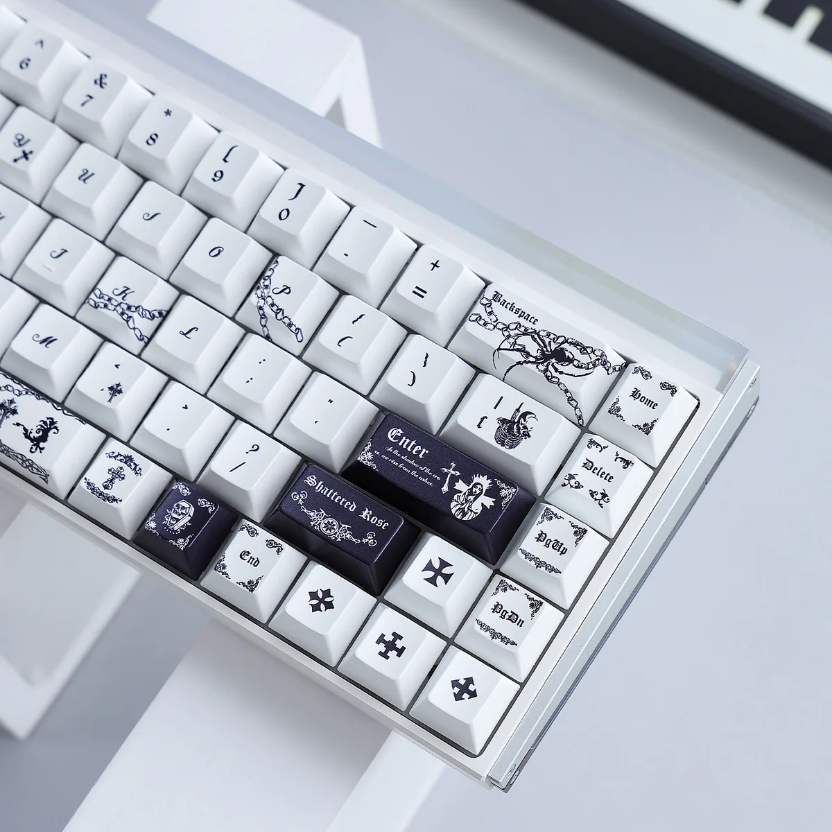 Ethereal pearlescent Dead Covenant PBT Keycap Set from multiple angles, revealing its mysterious 'Covenant of the Dead' design and premium dark aesthetic.