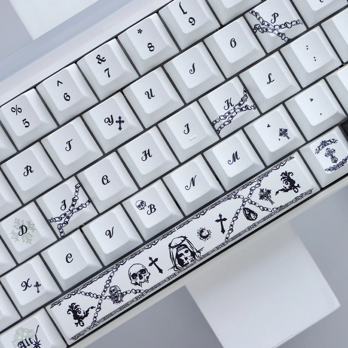 Dead Covenant PBT Keycap Set: Ethereal pearlescent PBT and 'Covenant of the Dead' design showcased from multiple angles. A dark, mysterious aesthetic.