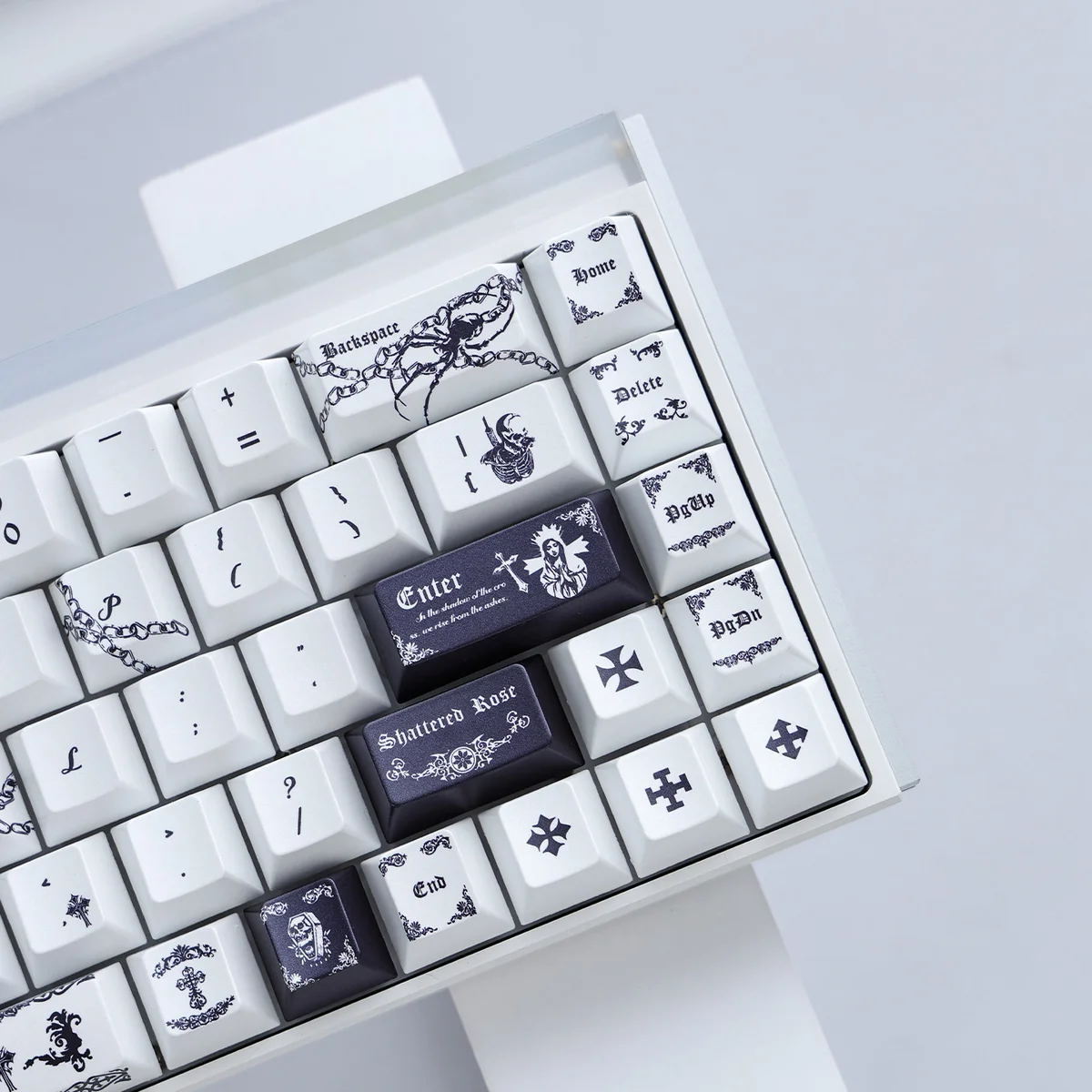 Dead Covenant PBT Keycap Set gallery showcasing the ethereal pearlescent design and mysterious 'Covenant of the Dead' symbols from various premium angles.