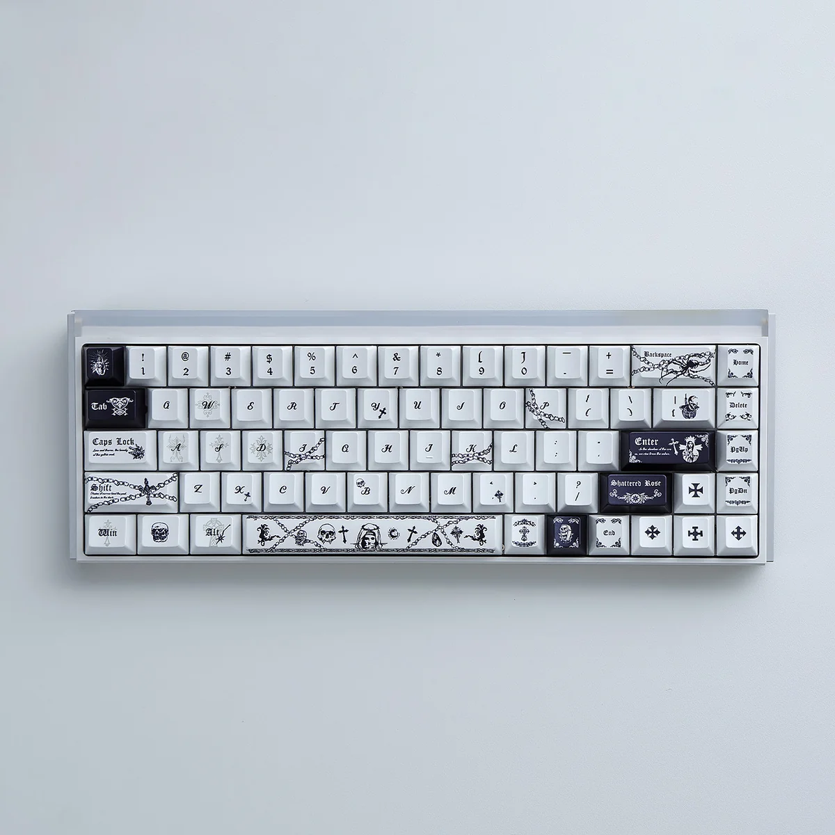 Dead Covenant Cherry Keycap Set, featuring ethereal pearlescent PBT and the mysterious 'Covenant of the Dead' design. Dark, premium aesthetic evoking ancient.