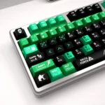 Detailed view of the premium Delta Force tactical metallic PBT keycap set, presenting its rugged aesthetic and unique finish from several perspective.