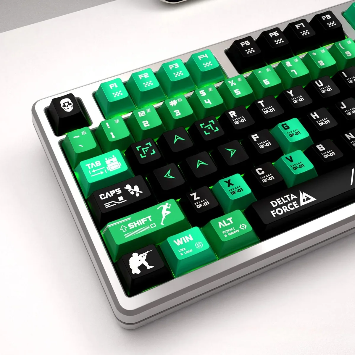 Detailed view of the premium Delta Force tactical metallic PBT keycap set, presenting its rugged aesthetic and unique finish from several perspective.