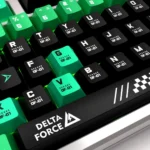A detailed view of the premium Delta Force Keycaps, featuring their tactical metallic PBT construction from various angles.