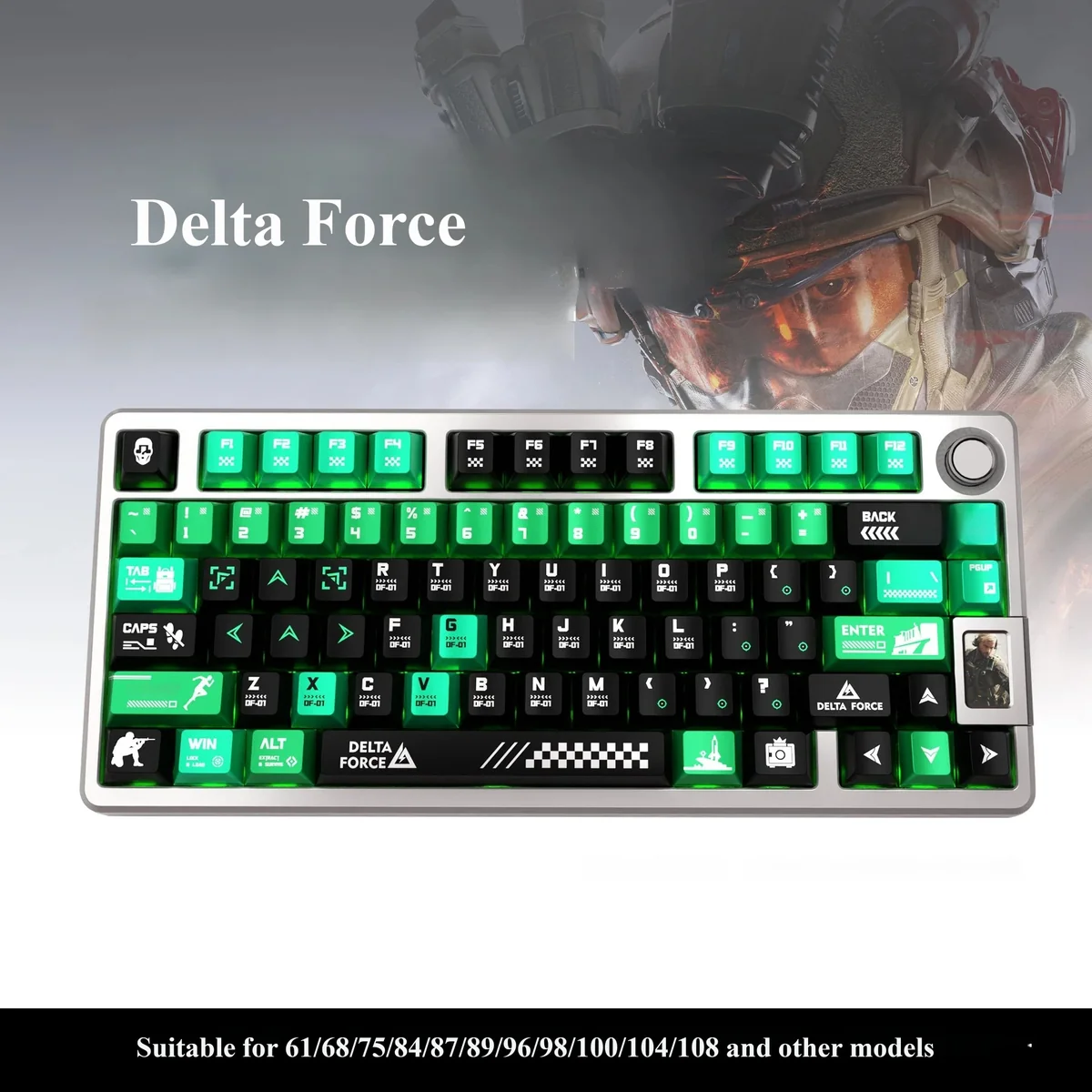 Premium Delta Force Keycaps, a rugged tactical metallic PBT set designed for elite performance with a distinct military-inspired aesthetic.