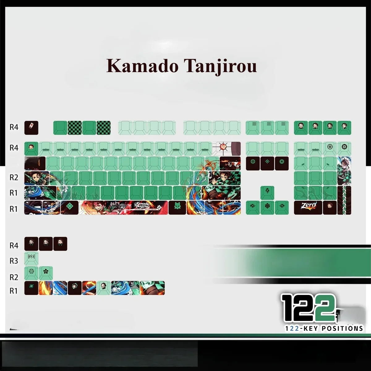 Authentic Demon Slayer Kamado Tanjiro PBT backlit keycap. View vibrant translucent material and crisp iconic engravings from multiple artistic angles.