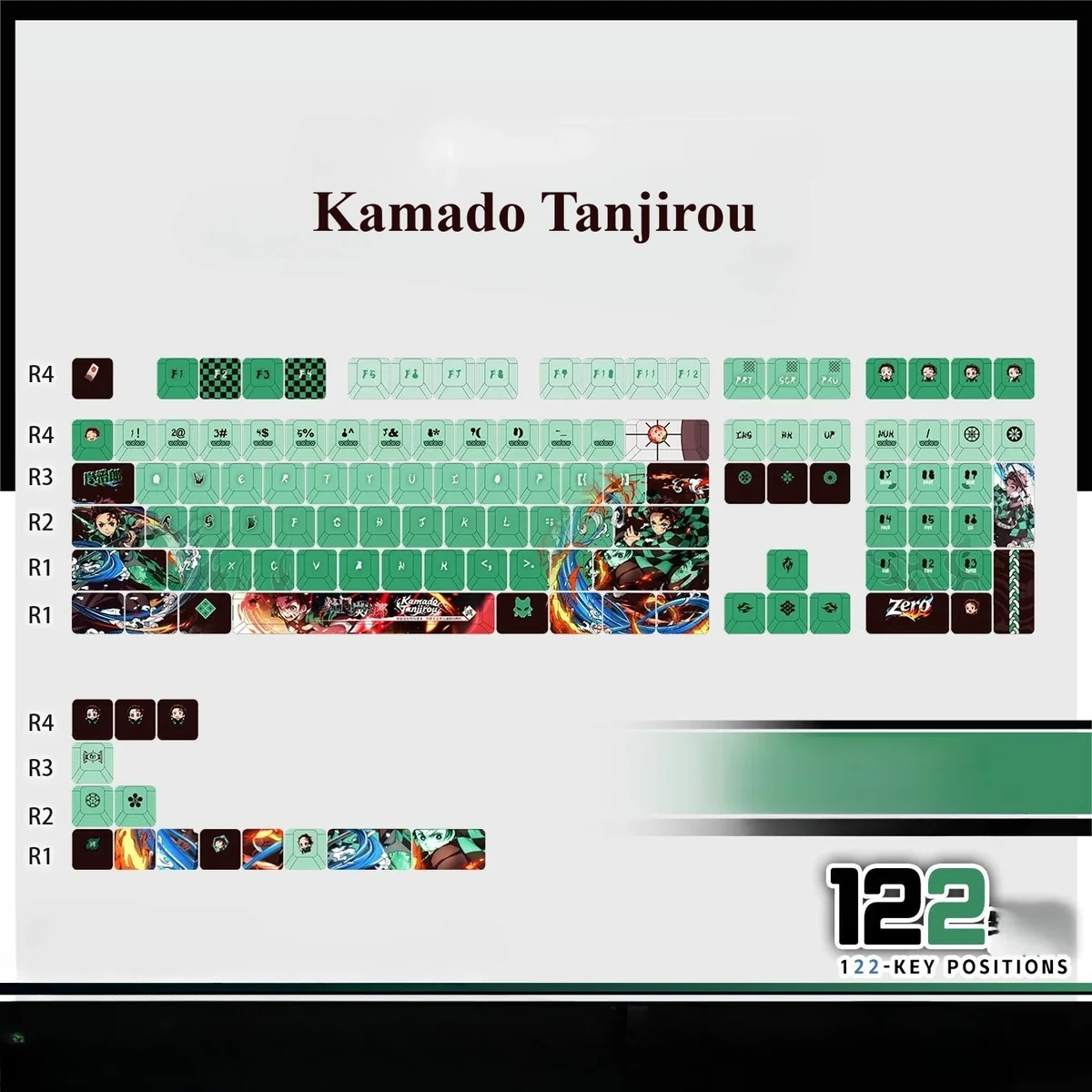 Authentic Demon Slayer Kamado Tanjiro PBT backlit keycap, artistically displayed from various angles, revealing crisp engravings.